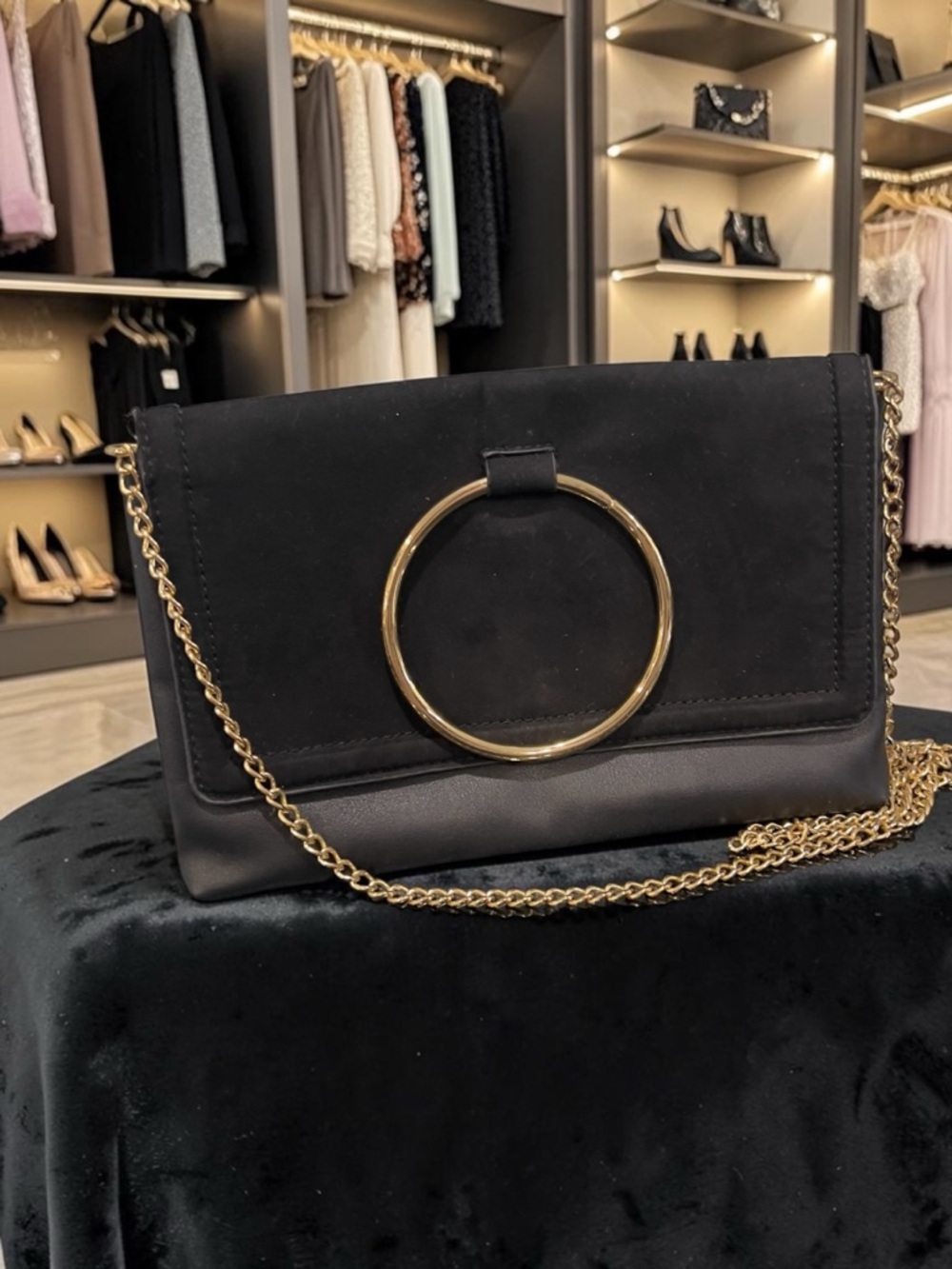Aldo Black Suede & Leather Crossbody with Gold Ring